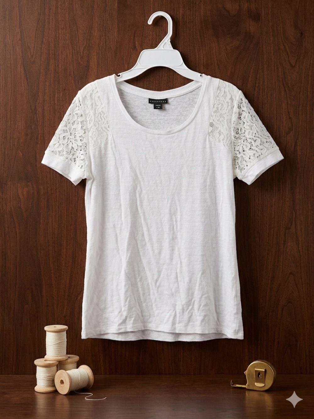 Metaphor White Lace Sleeve T-Shirt Women's Size Large Short Sleeve Crewneck Top